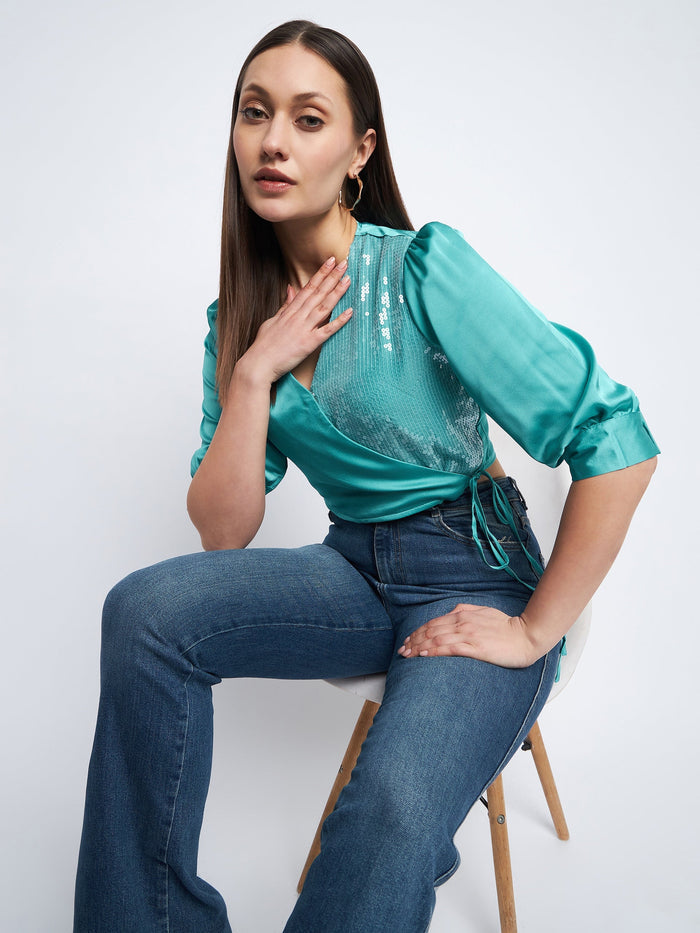 Madame Surplice Neck Sea Green Sequinned Top