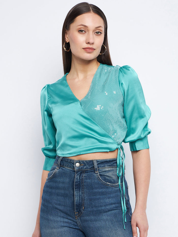 Madame Surplice Neck Sea Green Sequinned Top