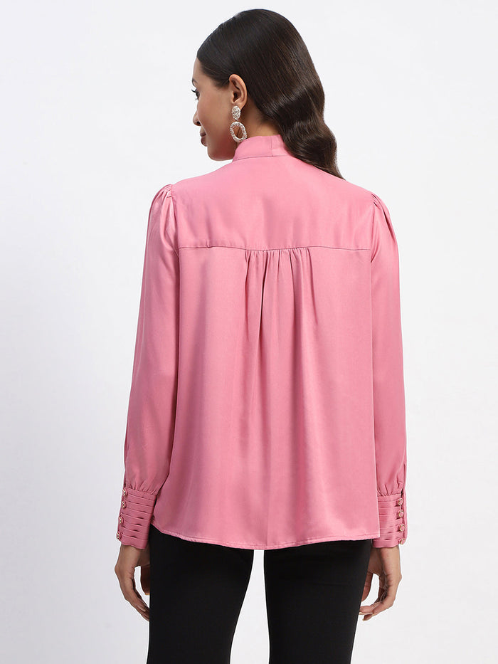 Madame Tie Up Neck Cuffed Sleeve Pink Top