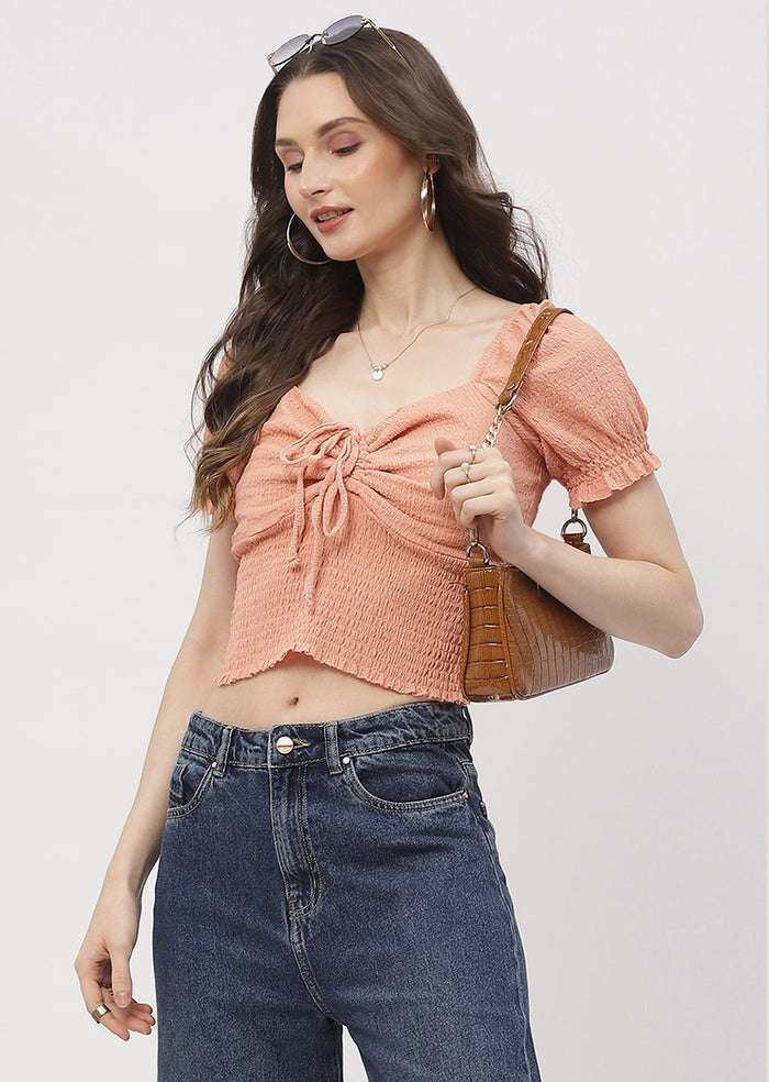 Madame Tie-Up Neck Orange Smocked Top