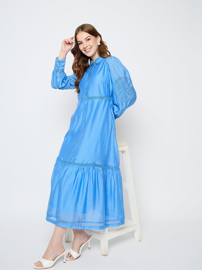 Madame Tiered Cornflower Blue Shirt Dress