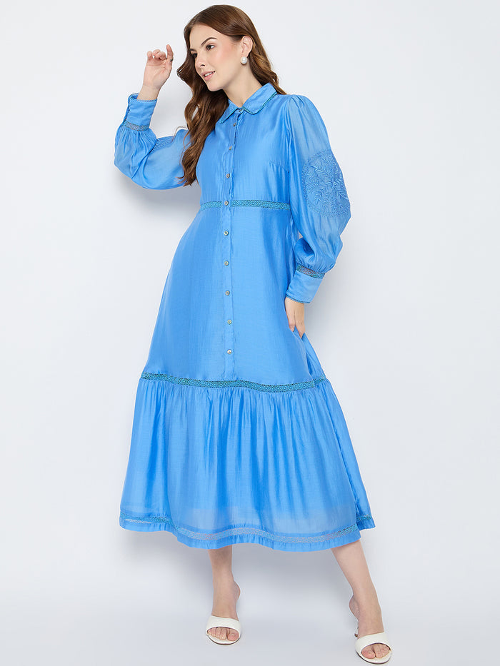Madame Tiered Cornflower Blue Shirt Dress