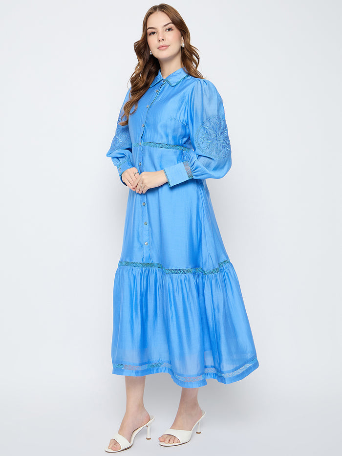 Madame Tiered Cornflower Blue Shirt Dress