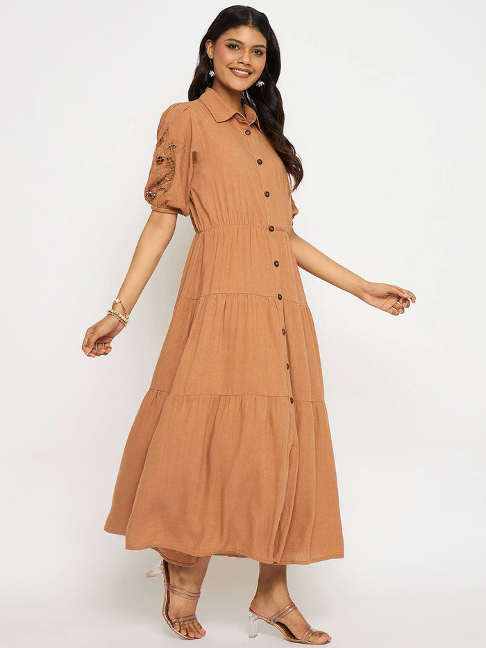 Madame Tiered Rust Red Maxi Shirt Dress