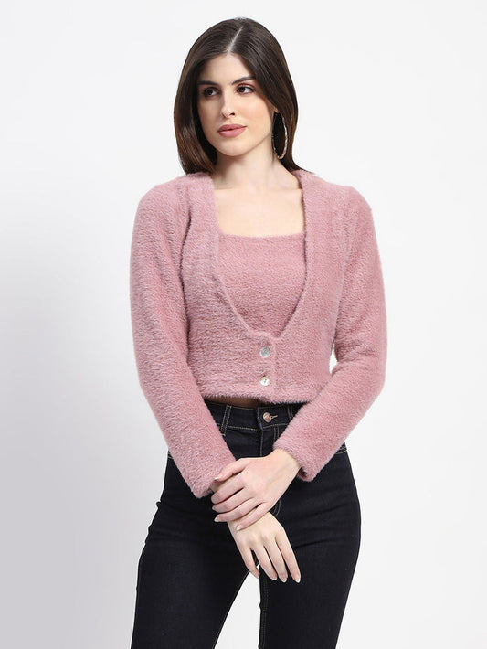 Madame V Neck Button Down Fur Shrug And Top Set