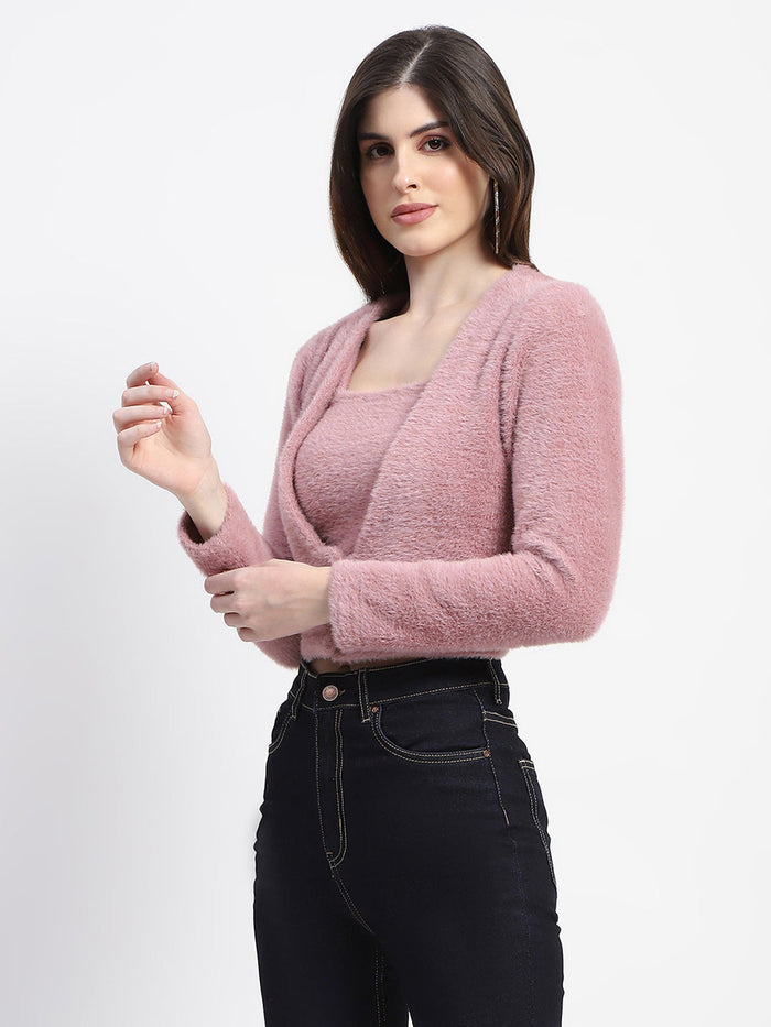 Madame V Neck Button Down Fur Shrug And Top Set