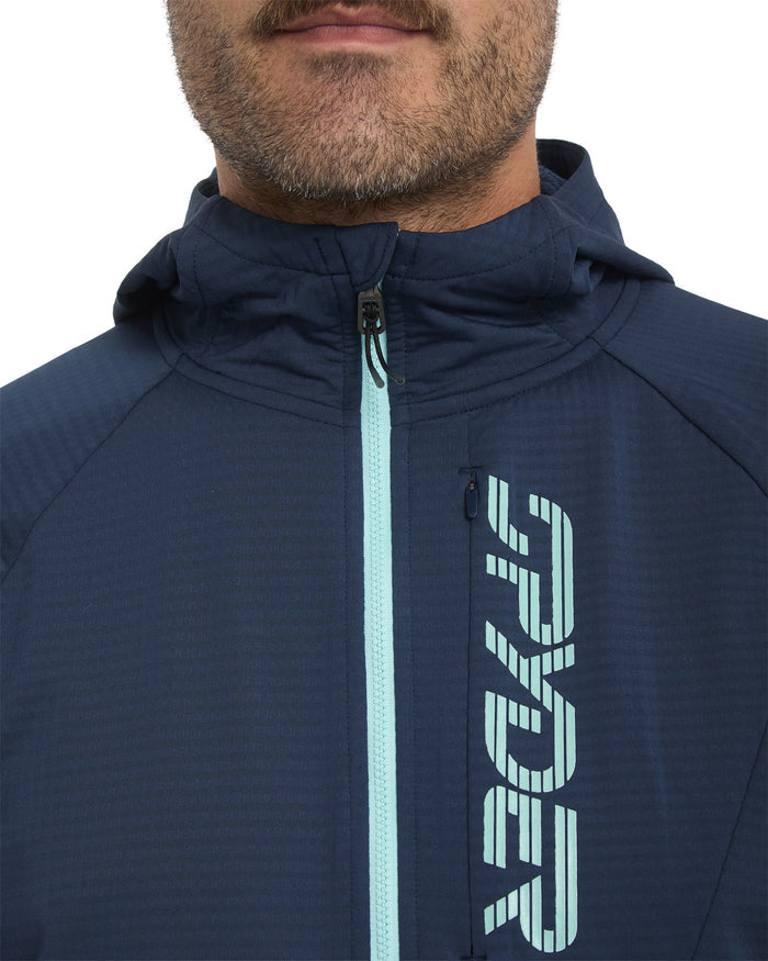 Navy blue jacket with a brand logo on a white background