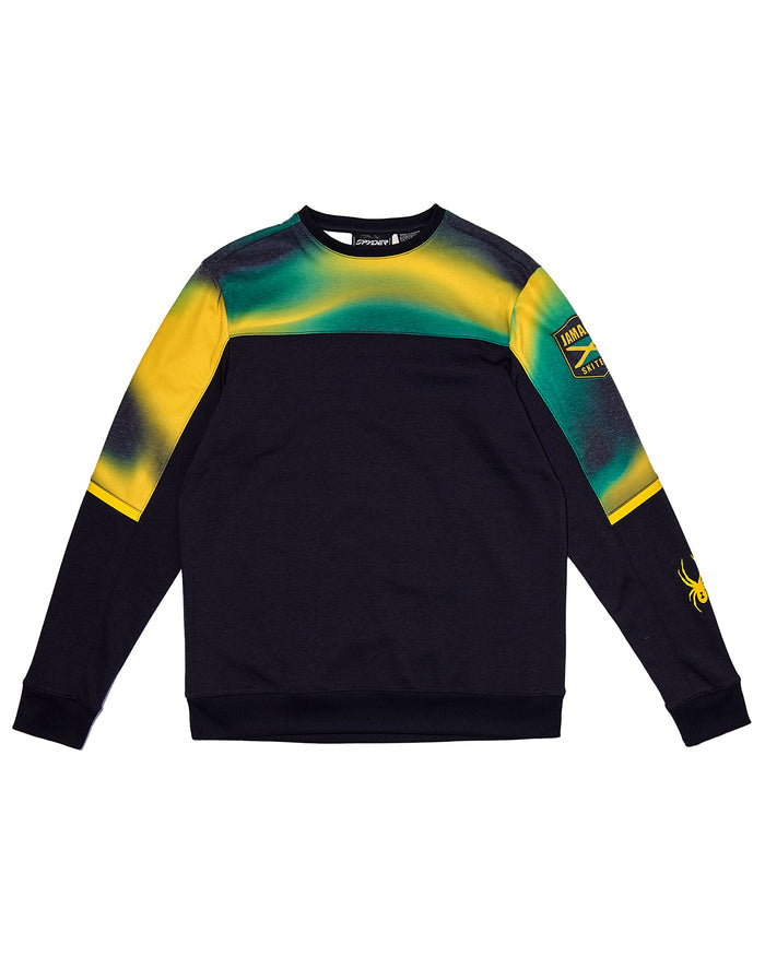 Black sweatshirt with yellow and green sleeves on a white background