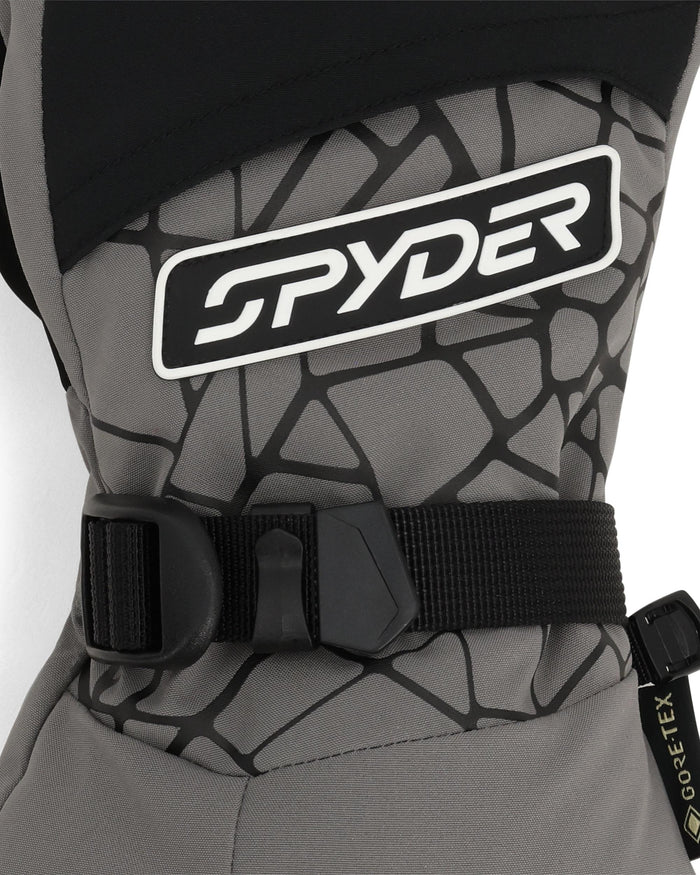 Gray snow pants with a black and white Spyder logo on a white background
