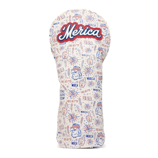 A golf club headcover decorated with red, white, and blue patriotic doodles, including fireworks, eagles, foam fingers, and the words “USA,” “Merica,” and “Free As F*ck,” with “Merica” boldly embroidered at the top in cursive script.
