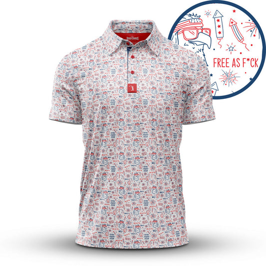 The 'Merica - Polo features an athletic fit, moisture-wicking fabric, and an all-over white base with red and blue patriotic doodle prints like sunglasses, fireworks, a peace sign, and “FREE AS F*CK” in a starry frame.