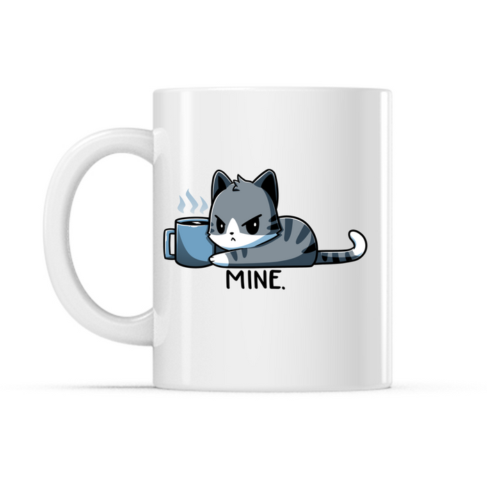 Ceramic Mug_TeeTurtle Mine. white mug featuring a grumpy cat holding onto a coffee mug with the caption, “Mine.“.
