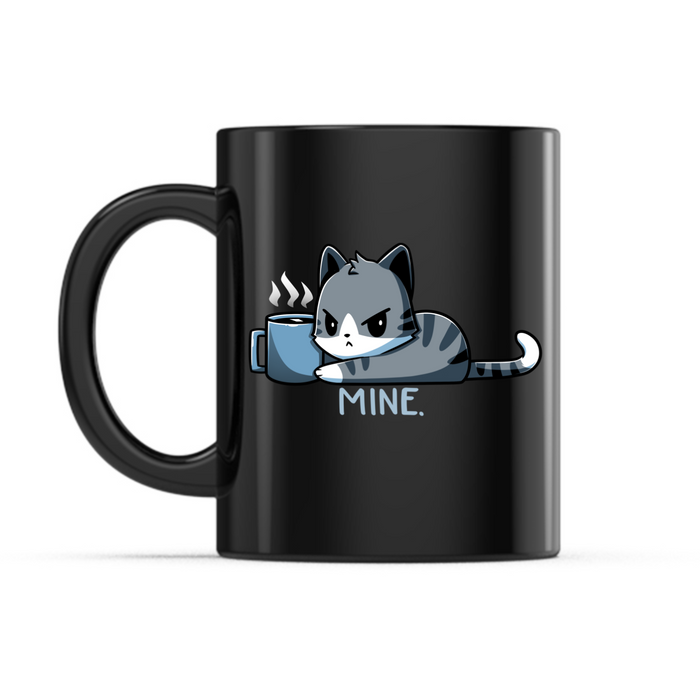 Ceramic Mug_TeeTurtle Mine. black  mug featuring a grumpy cat holding onto a coffee mug with the caption, “Mine.“.