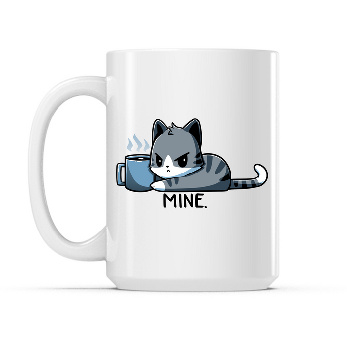 Ceramic Mug_TeeTurtle Mine. white mug featuring a grumpy cat holding onto a coffee mug with the caption, “Mine.“.