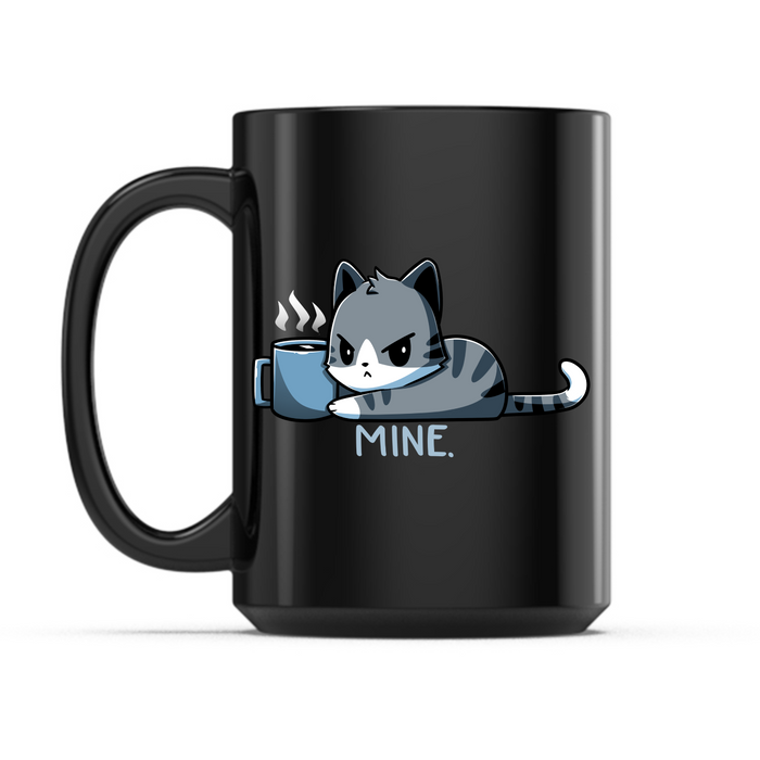 Ceramic Mug_TeeTurtle Mine. black  mug featuring a grumpy cat holding onto a coffee mug with the caption, “Mine.“.