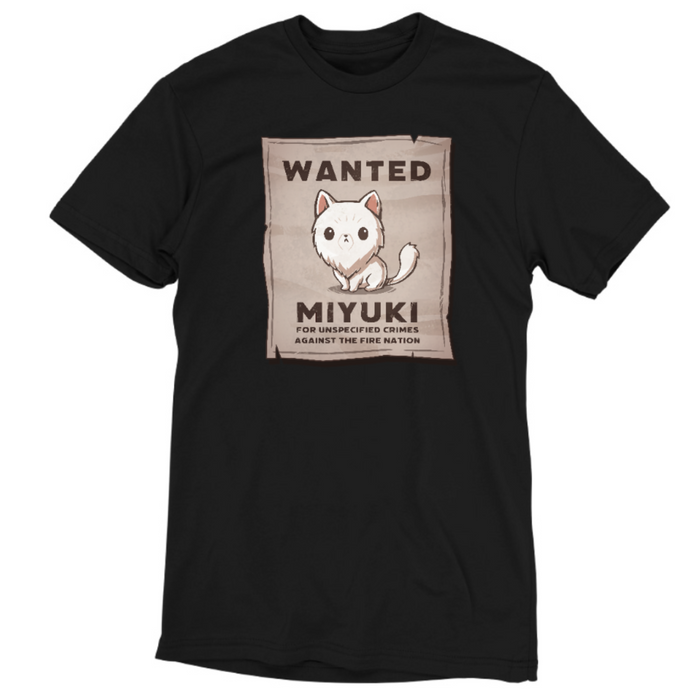Premium Cotton T-shirt_TeeTurtle black Miyuki Wanted Poster Premium Cotton T-shirt featuring a tattered wanted poster with a drawing of a fluffy frowning white cat wth the text "Wanted Miyuki For Unspecified Crimes Against the Fire Nation".