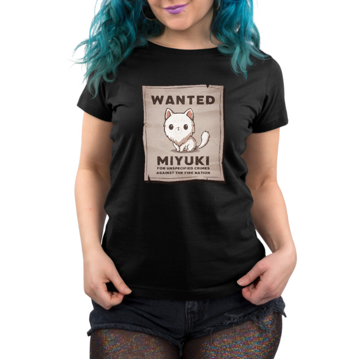 Premium Cotton T-shirt_TeeTurtle black Miyuki Wanted Poster Premium Cotton T-shirt featuring a tattered wanted poster with a drawing of a fluffy frowning white cat wth the text "Wanted Miyuki For Unspecified Crimes Against the Fire Nation".