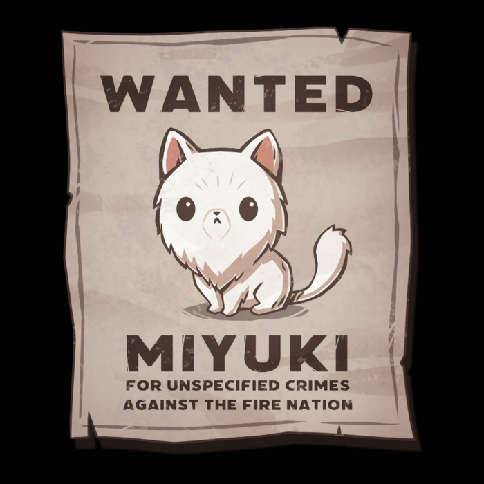 Classic Cotton T-shirt_TeeTurtle black Miyuki Wanted Poster Classic Cotton T-shirt featuring a tattered wanted poster with a drawing of a fluffy frowning white cat wth the text "Wanted Miyuki For Unspecified Crimes Against the Fire Nation".