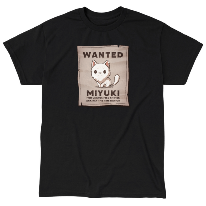 Classic Cotton T-shirt_TeeTurtle black Miyuki Wanted Poster Classic Cotton T-shirt featuring a tattered wanted poster with a drawing of a fluffy frowning white cat wth the text "Wanted Miyuki For Unspecified Crimes Against the Fire Nation".