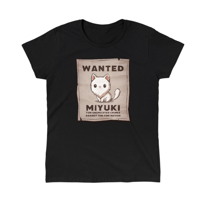 Classic Cotton T-shirt_TeeTurtle black Miyuki Wanted Poster Classic Cotton T-shirt featuring a tattered wanted poster with a drawing of a fluffy frowning white cat wth the text "Wanted Miyuki For Unspecified Crimes Against the Fire Nation".
