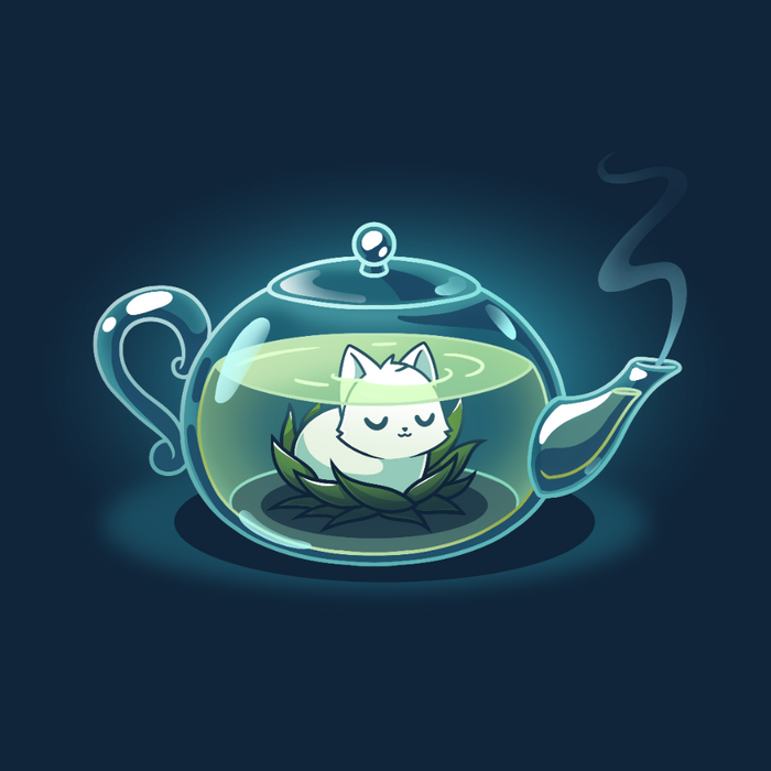 Classic Cotton T-shirt_TeeTurtle navy blue My Inner Tranquili-Tea apparel featuring a white cat sitting in the middle of a green lotus blossom inside a transparent, steaming teapot.