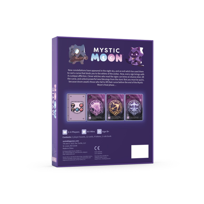 The back of the Mystic Moon: Curse of the Zodiac expansion box, shown in a clean studio shot on a white background. The packaging is deep purple with white and light blue text, featuring illustrations of celestial bodies and previews of the cards inside.