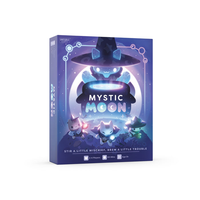 Mystic Moon: Base Game - tabletop game box featuring cute witch cats in a magical setting, with the title 'MYSTIC MOON' prominently displayed on the front, seen on a white background.