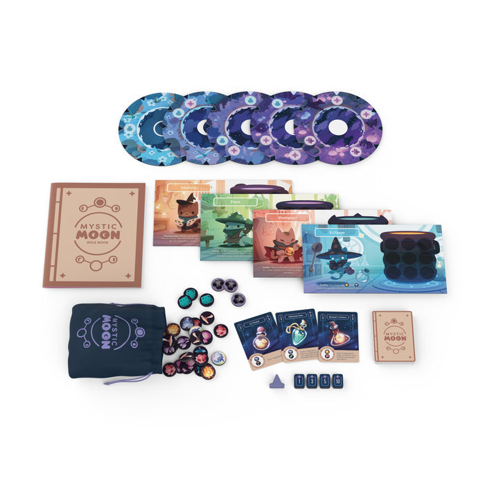 Mystic Moon Base Game components - player boards, tokens, token bag, cards, instructions and round garden tiles laid out on a white background.