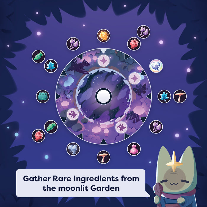 A stylized digital illustration of a circular moonlit garden portal surrounded by small colorful ingredient icons, with a speech bubble reading 'Gather Rare Ingredients from the moonlit Garden' and a cute cat character in the lower right on a dark purple starry background.