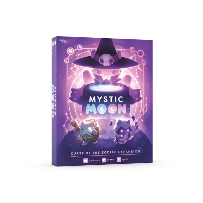 Mystic Moon Curse of the Zodiac Expansion - the box is purple and has a cat witch with a cauldron above two other cat characters