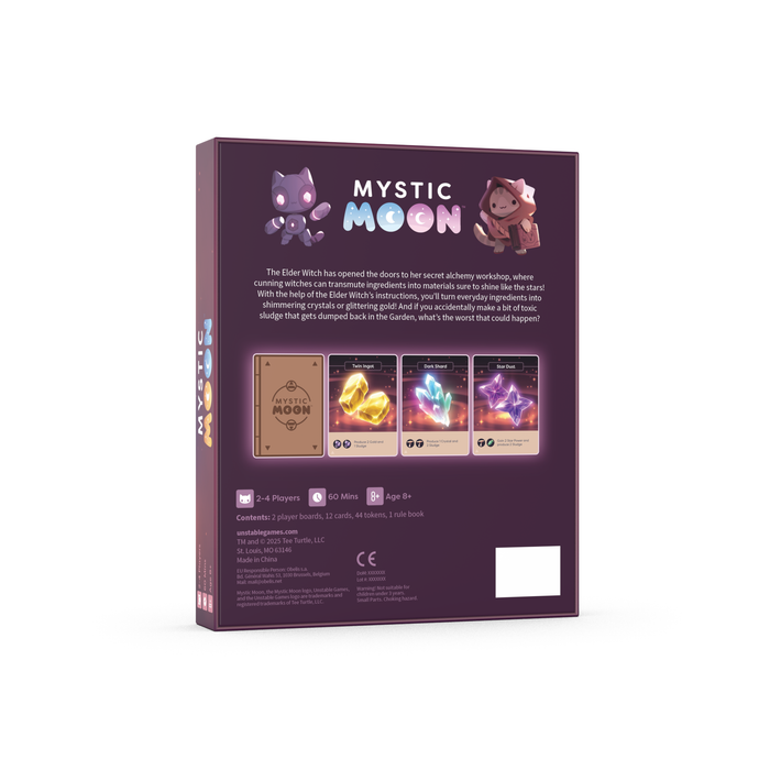 Mystic Moon Alchemy Expansion - the box is tones of yellow, red and purple and has a witch cat above a cauldron with two other witch cat characters below it