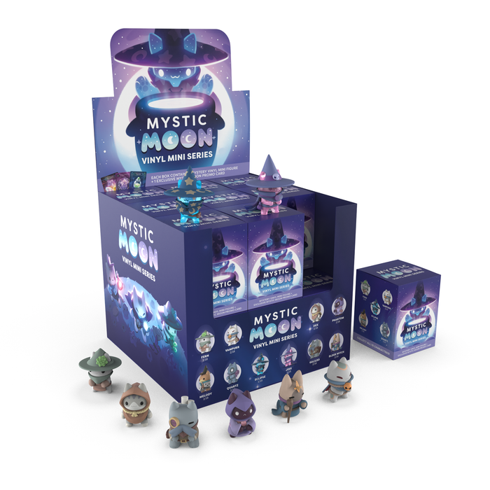 Mystic Moon: Vinyl Figure Blind Box full display with several small character figures arranged in front and an individual blind box to the side on a white background.