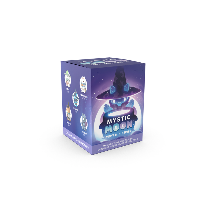 Mystic Moon: Vinyl Figure Blind Box - purple box featuring a cartoon cat character with a witch hat on the front, set against a plain white background.