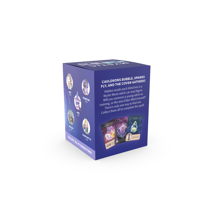 Mystic Moon: Vinyl Figure Blind Box - purple box back with text and collectible card images