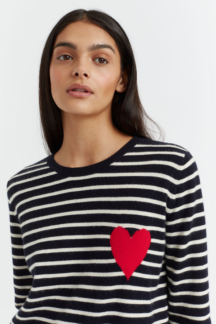 Navy-Cream Breton Heart Wool-Cashmere Sweater