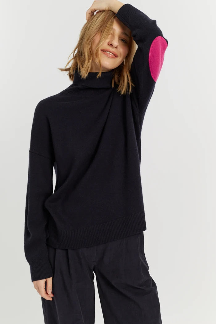 Navy Wool-Cashmere Elbow Patch Rollneck Sweater