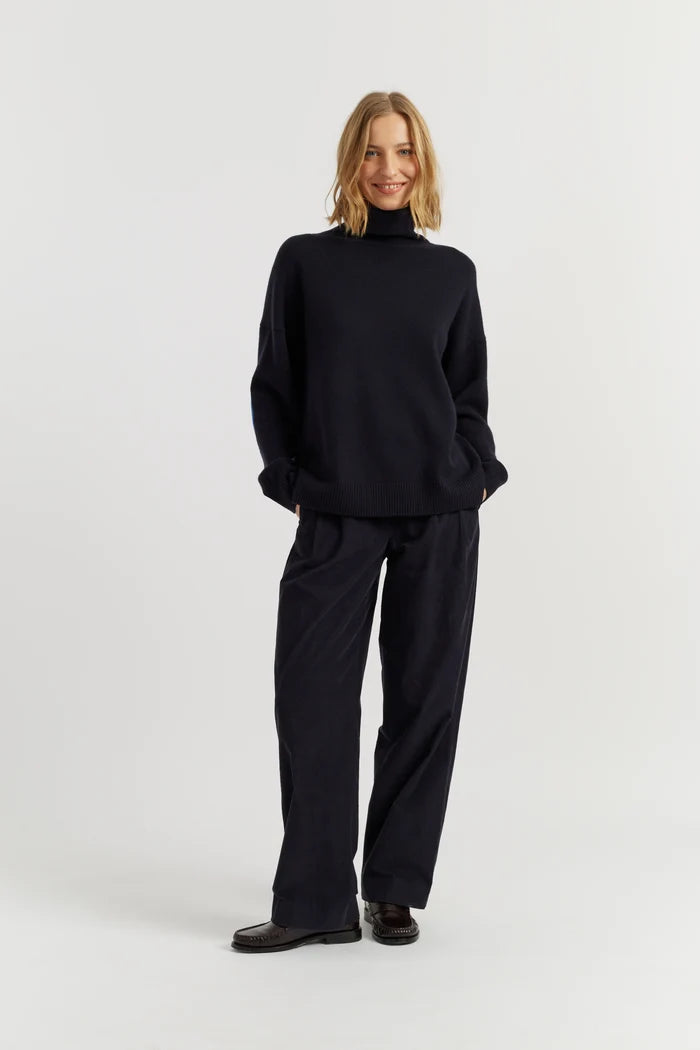 Navy Wool-Cashmere Elbow Patch Rollneck Sweater