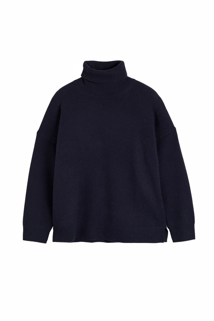 Navy Wool-Cashmere Elbow Patch Rollneck Sweater