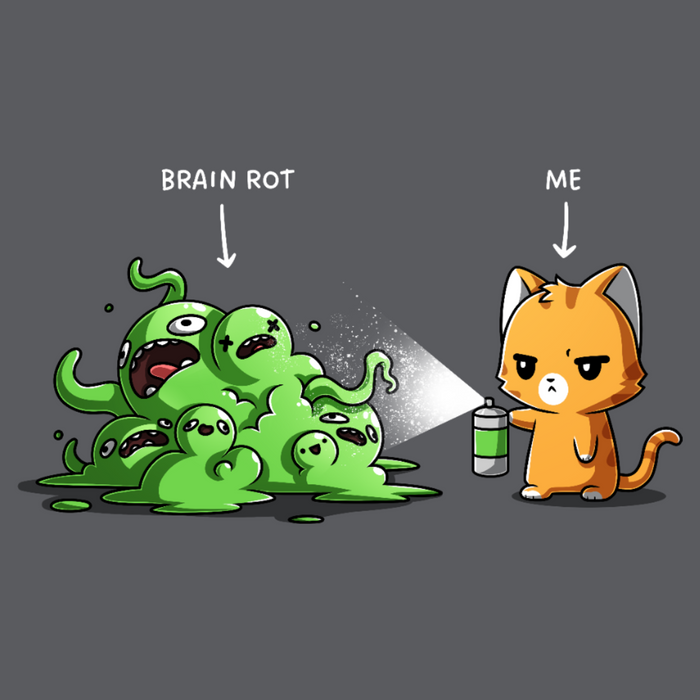 Premium Cotton T-shirt_TeeTurtle charcoal No Thanks Brain Rot Premium Cotton T-shirt featuring an orange cat with a spray can spraying a green blob monster with the label "brain rot" over it