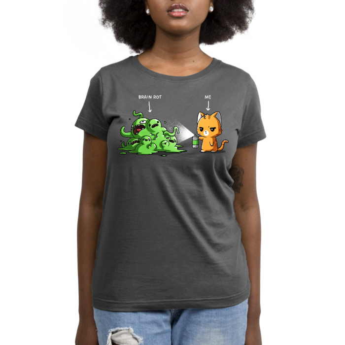 Premium Cotton T-shirt_TeeTurtle charcoal No Thanks Brain Rot Premium Cotton T-shirt featuring an orange cat with a spray can spraying a green blob monster with the label "brain rot" over it