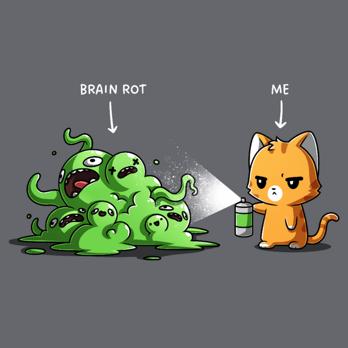 Classic Cotton T-shirt_TeeTurtle charcoal No Thanks Brain Rot Classic Cotton T-shirt featuring an orange cat with a spray can spraying a green blob monster with the label "brain rot" over it