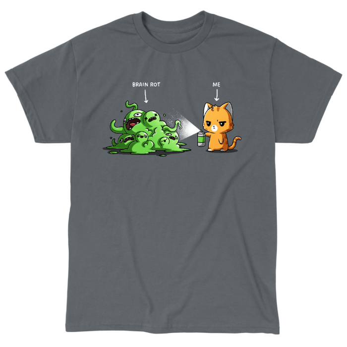 Classic Cotton T-shirt_TeeTurtle charcoal No Thanks Brain Rot Classic Cotton T-shirt featuring an orange cat with a spray can spraying a green blob monster with the label "brain rot" over it