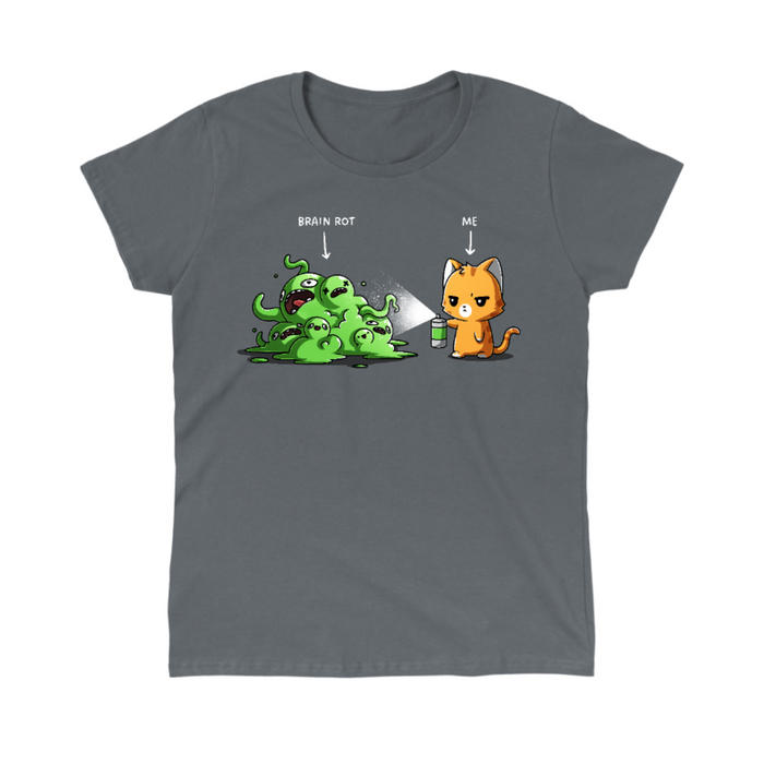 Classic Cotton T-shirt_TeeTurtle charcoal No Thanks Brain Rot Classic Cotton T-shirt featuring an orange cat with a spray can spraying a green blob monster with the label "brain rot" over it