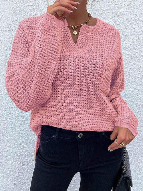 Notched Long Sleeve Sweater - Madikfashions.com