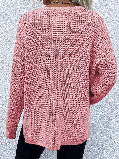 Notched Long Sleeve Sweater - Madikfashions.com