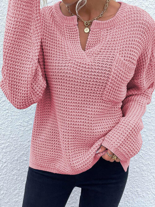 Notched Long Sleeve Sweater - Madikfashions.com
