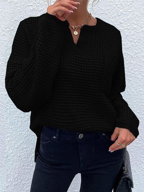 Notched Long Sleeve Sweater - Madikfashions.com