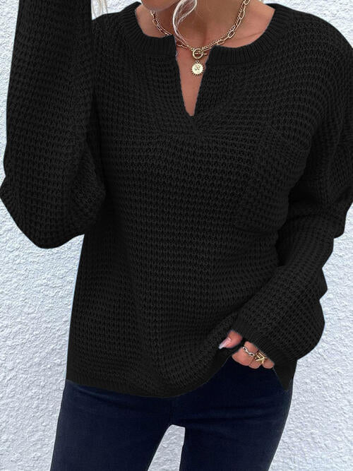 Notched Long Sleeve Sweater - Madikfashions.com