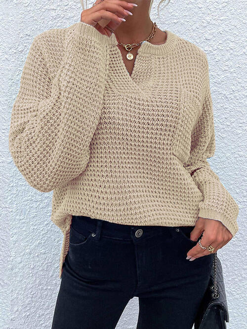 Notched Long Sleeve Sweater - Madikfashions.com