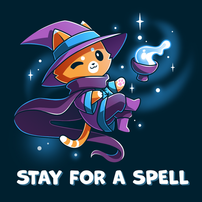 Premium Cotton T-shirt_TeeTurtle navy Stay For A Spell Premium Cotton T-shirt featuring an orange cat dressed as a witch, floating in space with a cauldron floating nearby. The cat is winking and the text at the bottom reads "Stay For A Spell"